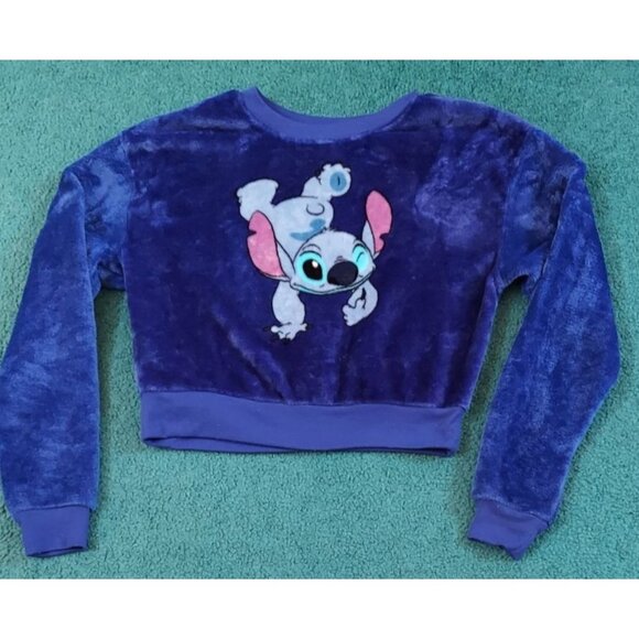 Disney's Stitch Women's Fleece Blue Graphic Crop Top Sweater Size Medium - Picture 1 of 6